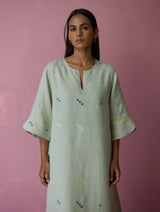 Rina High-slit Jamdani Linen Kurta - Aqua