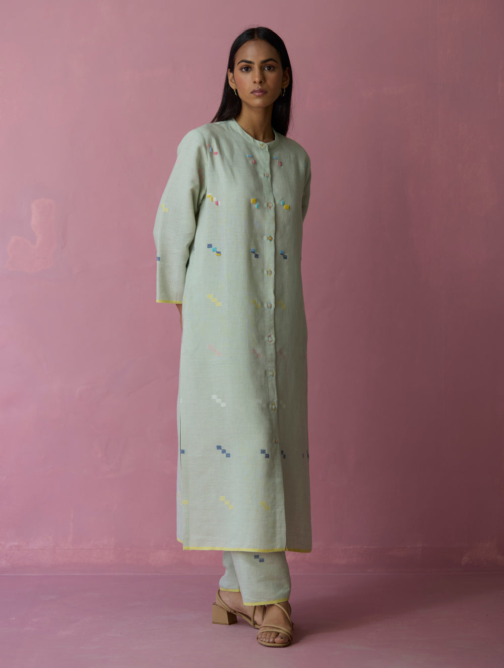Miel Hand-Embroidered Jamdani Linen Shirt Kurta - Aqua