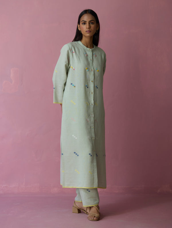 Miel Hand-Embroidered Jamdani Linen Kurta Set - Aqua
