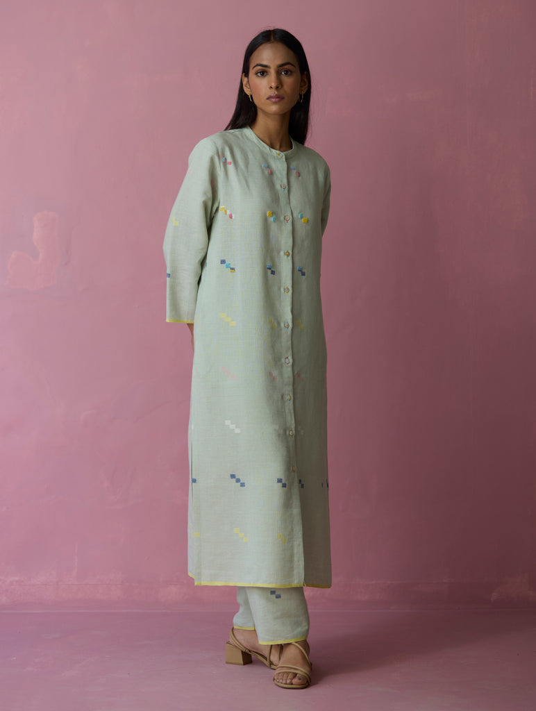 Miel Hand-Embroidered Jamdani Linen Shirt Kurta - Aqua
