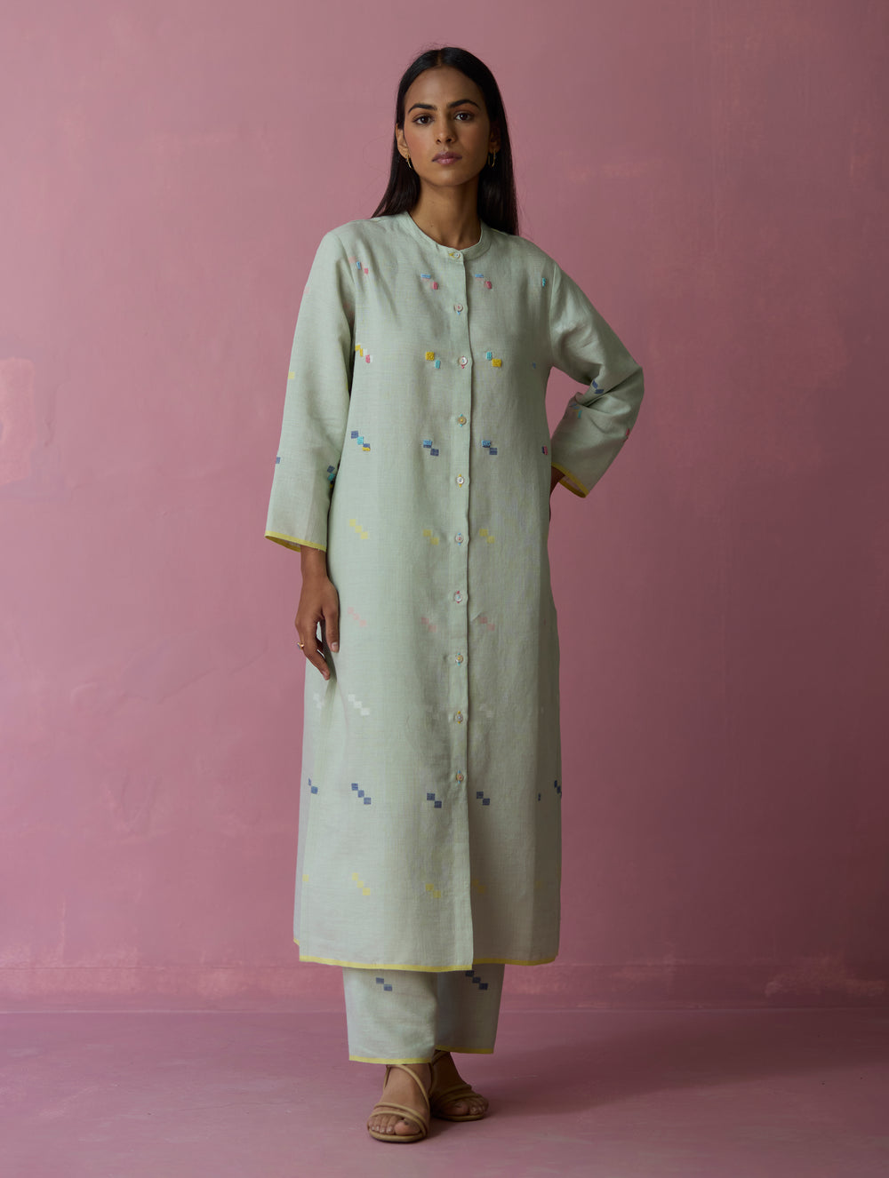 Miel Hand-Embroidered Jamdani Linen Shirt Kurta - Aqua