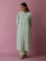 Miel Hand-Embroidered Jamdani Linen Shirt Kurta - Aqua