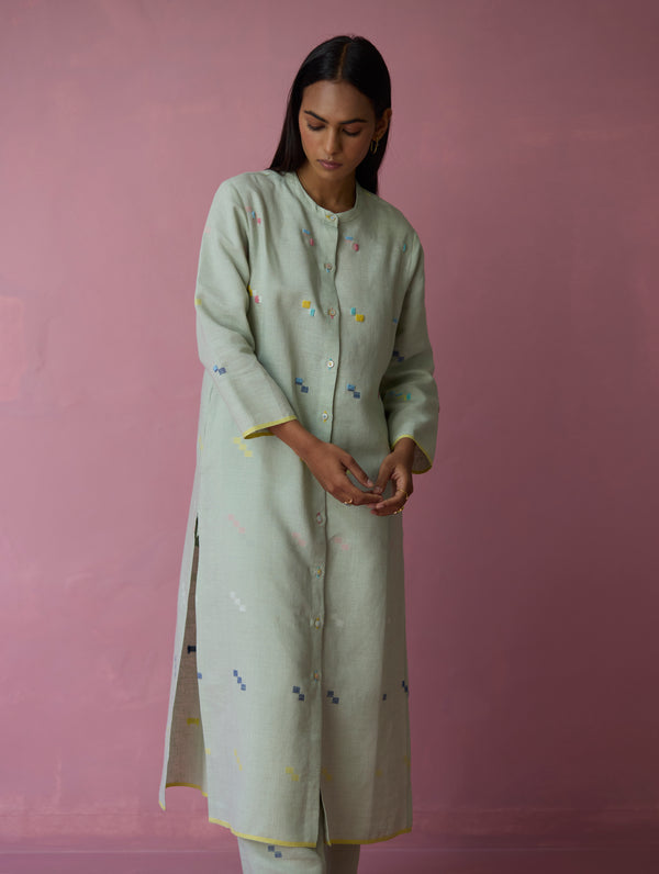 Miel Hand-Embroidered Jamdani Linen Kurta Set - Aqua
