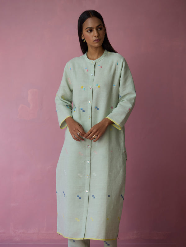 Miel Hand-Embroidered Jamdani Linen Kurta Set - Aqua