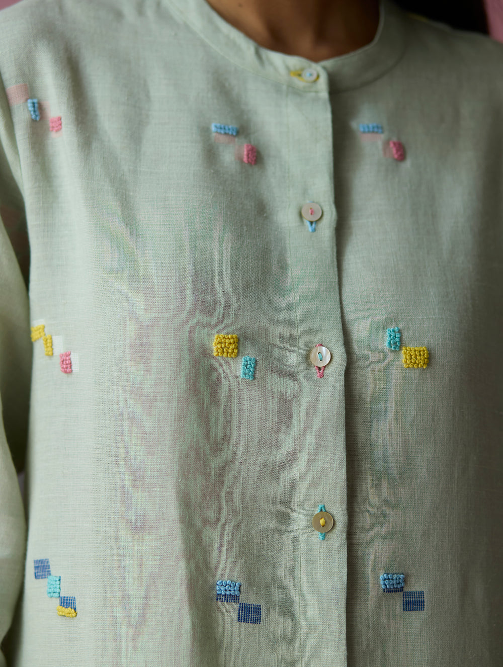 Miel Hand-Embroidered Jamdani Linen Shirt Kurta - Aqua