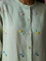 Miel Hand-Embroidered Jamdani Linen Shirt Kurta - Aqua