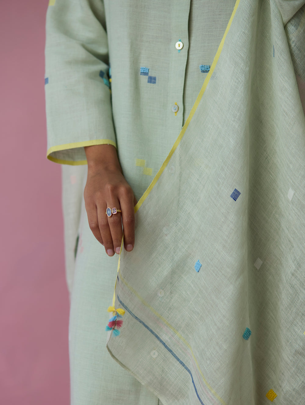 Miel Hand-Embroidered Jamdani Linen Shirt Kurta - Aqua
