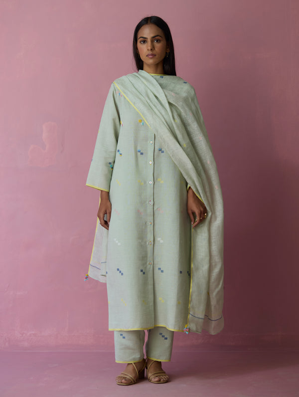 Miel Hand-Embroidered Jamdani Linen Kurta Set - Aqua