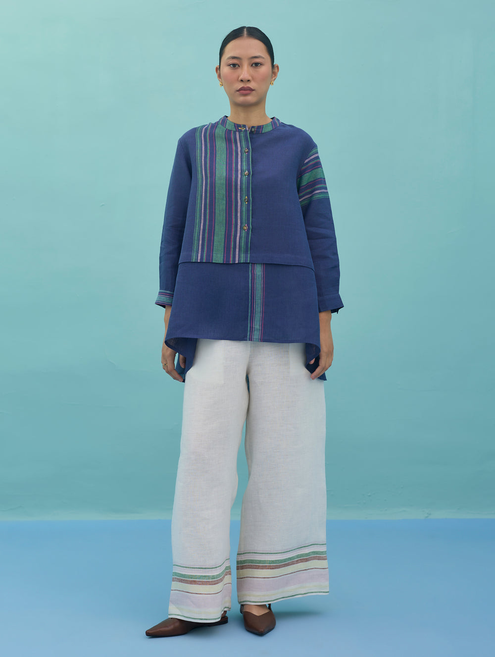 Amaya Border Linen Top - Indigo