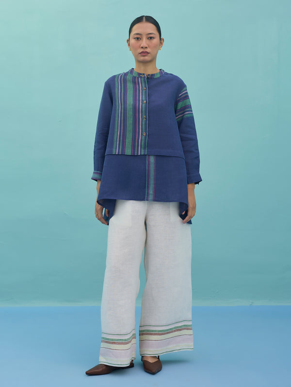 Amaya Border Linen Top - Indigo