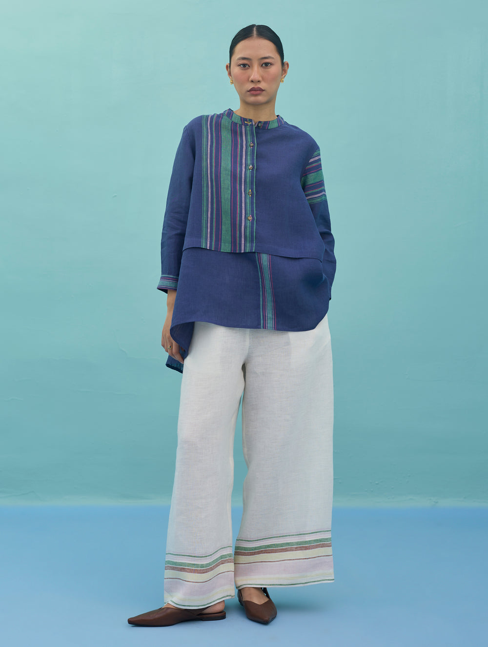 Amaya Border Linen Top - Indigo