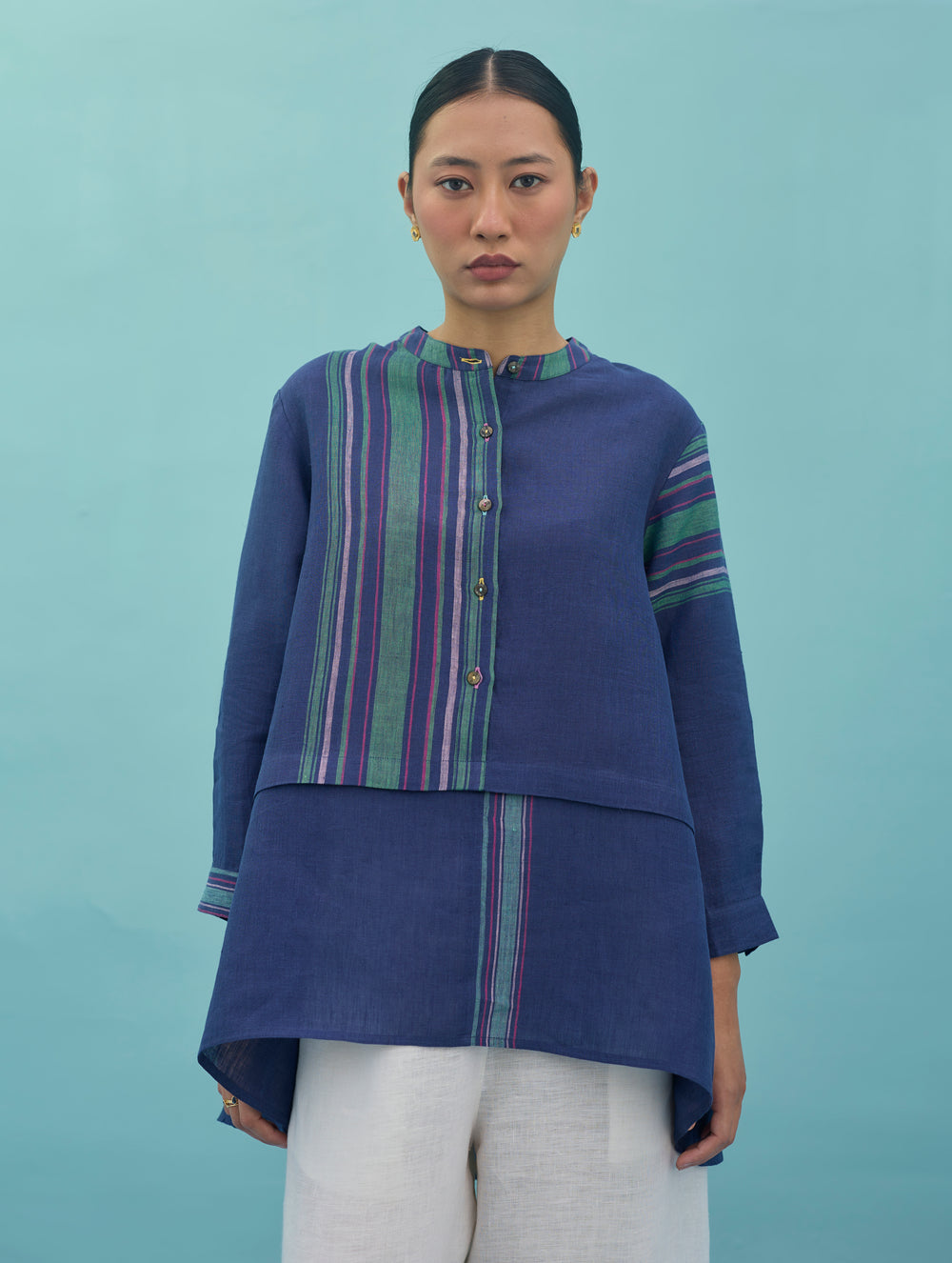 Amaya Border Linen Top - Indigo