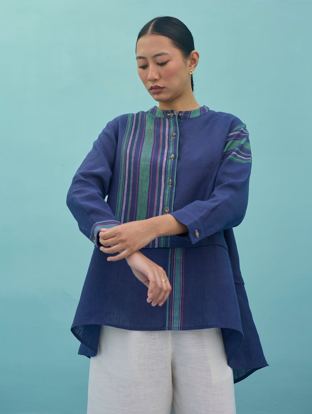Amaya Border Linen Top - Indigo