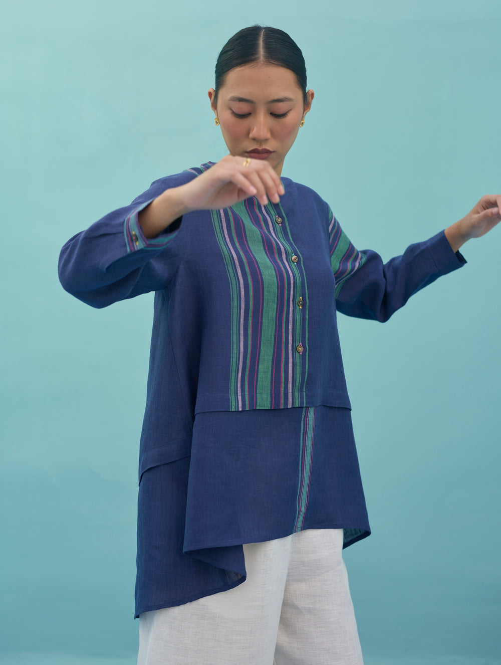 Amaya Border Linen Top - Indigo