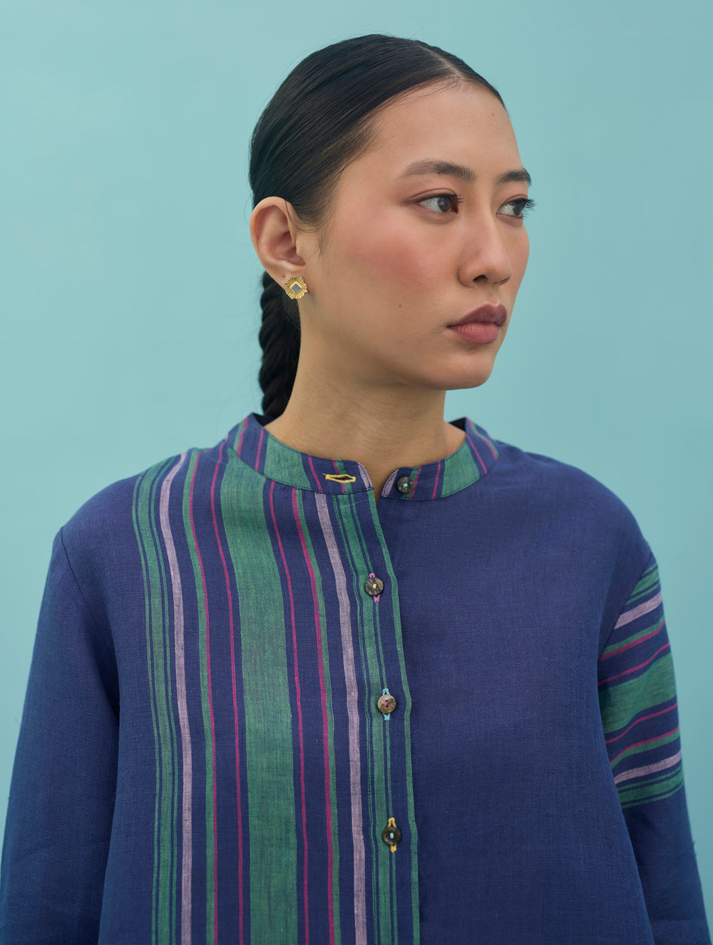 Amaya Border Linen Top - Indigo