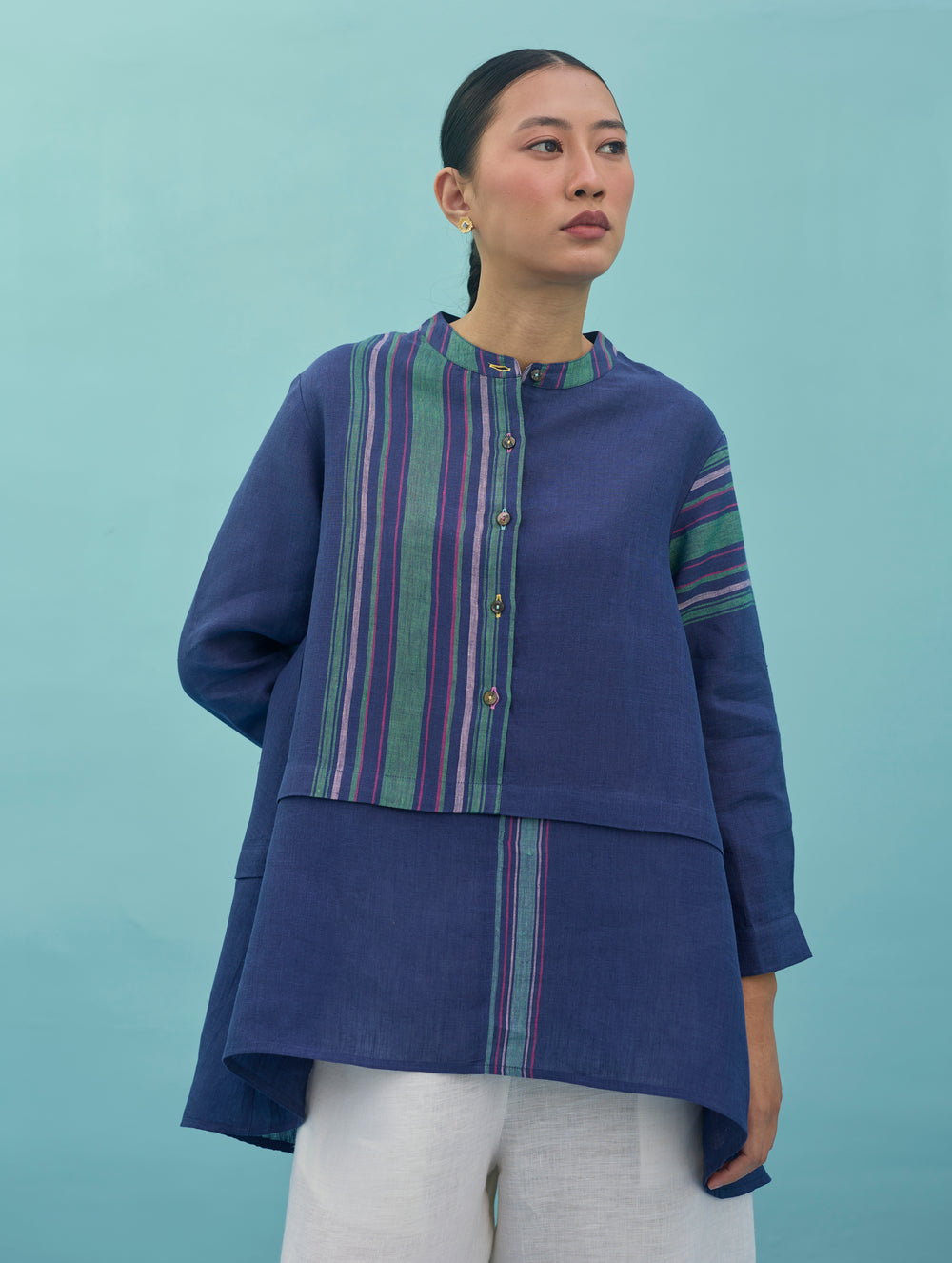 Amaya Border Linen Top - Indigo