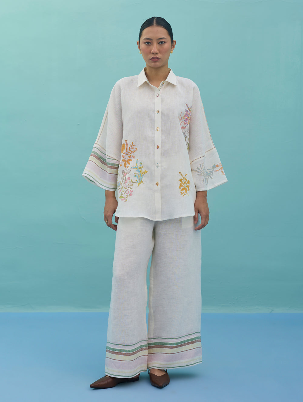 Iva Block Printed Floral Embroidered Shirt - Ivory
