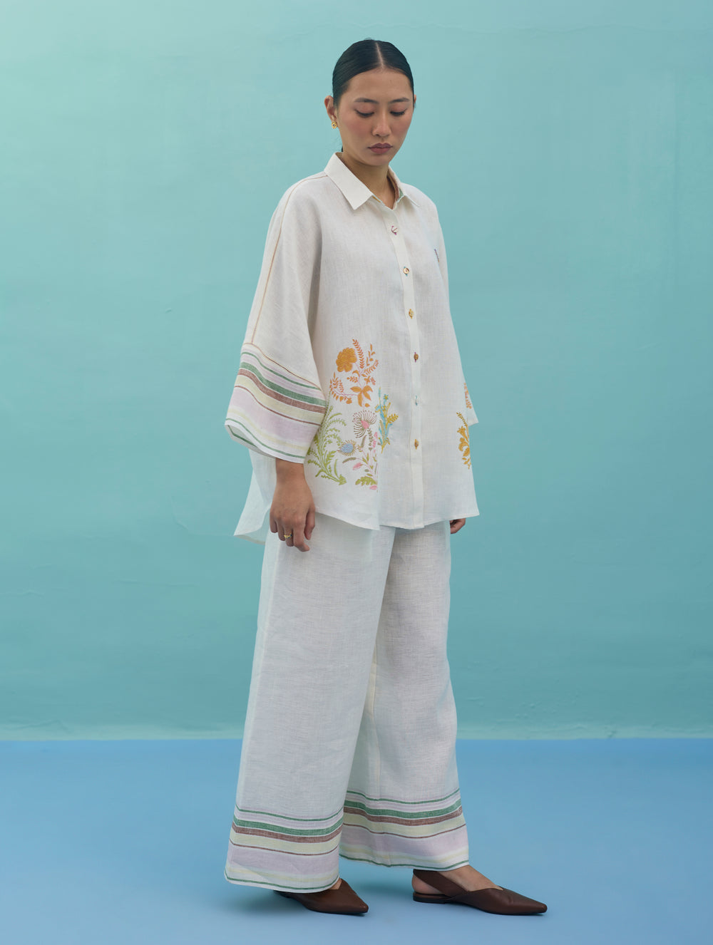 Iva Block Printed Floral Embroidered Shirt - Ivory