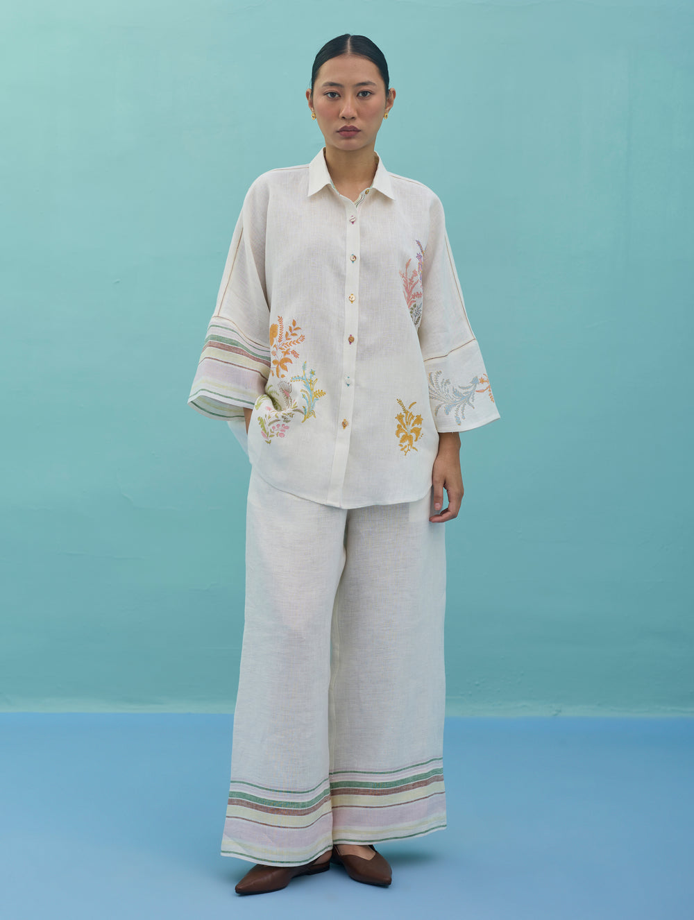 Iva Block Printed Floral Embroidered Shirt - Ivory