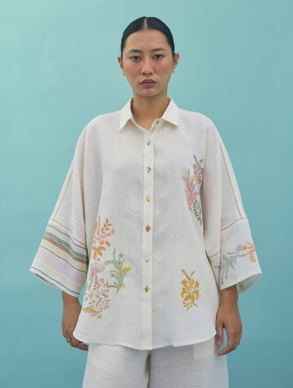 Iva Block Printed Floral Embroidered Shirt - Ivory