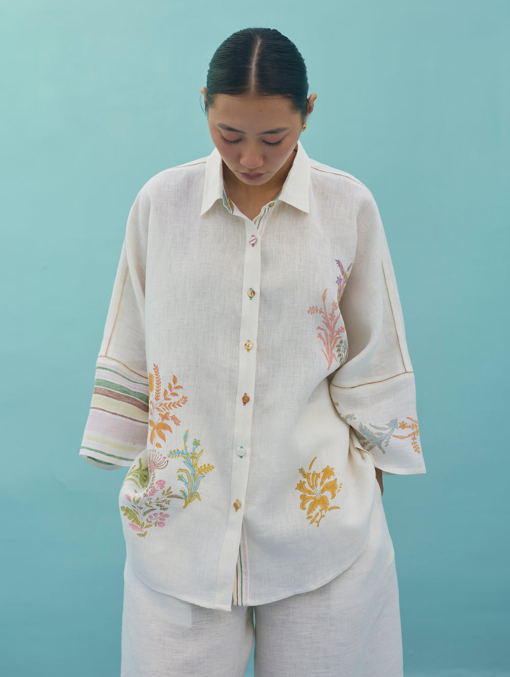 Iva Block Printed Floral Embroidered Shirt - Ivory