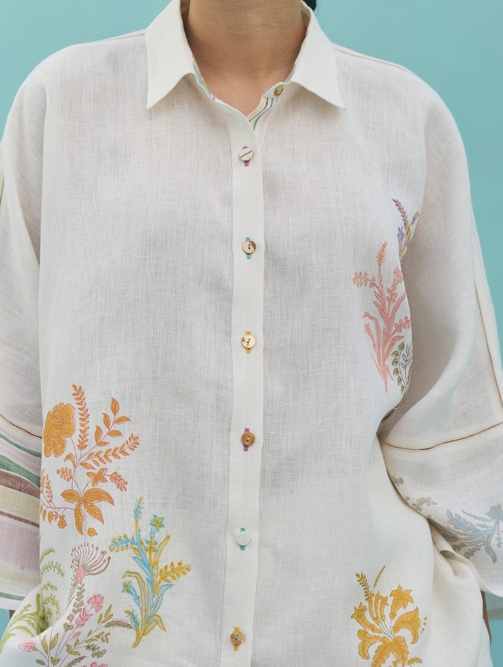 Iva Block Printed Floral Embroidered Shirt - Ivory