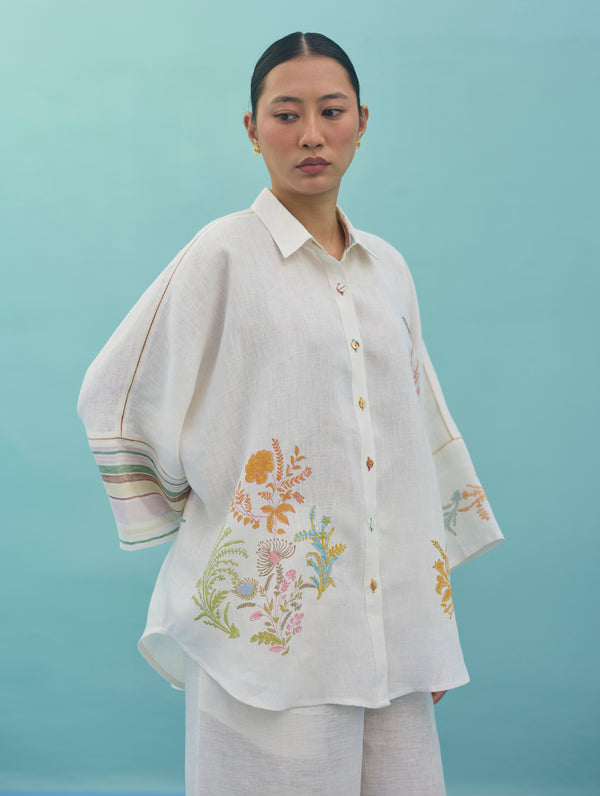 Iva Block Printed Floral Embroidered Shirt - Ivory