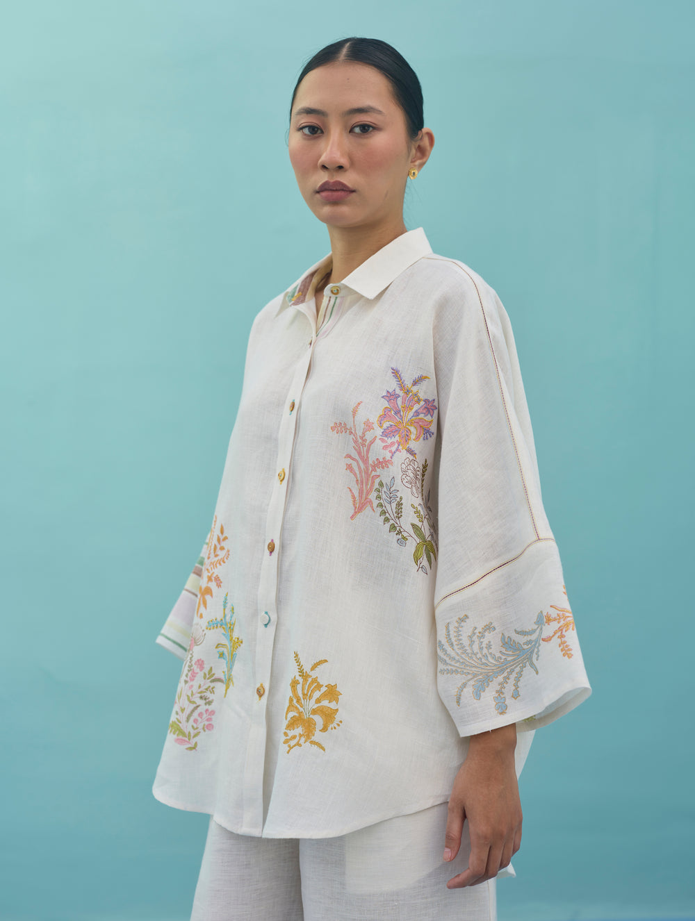 Iva Block Printed Floral Embroidered Shirt - Ivory