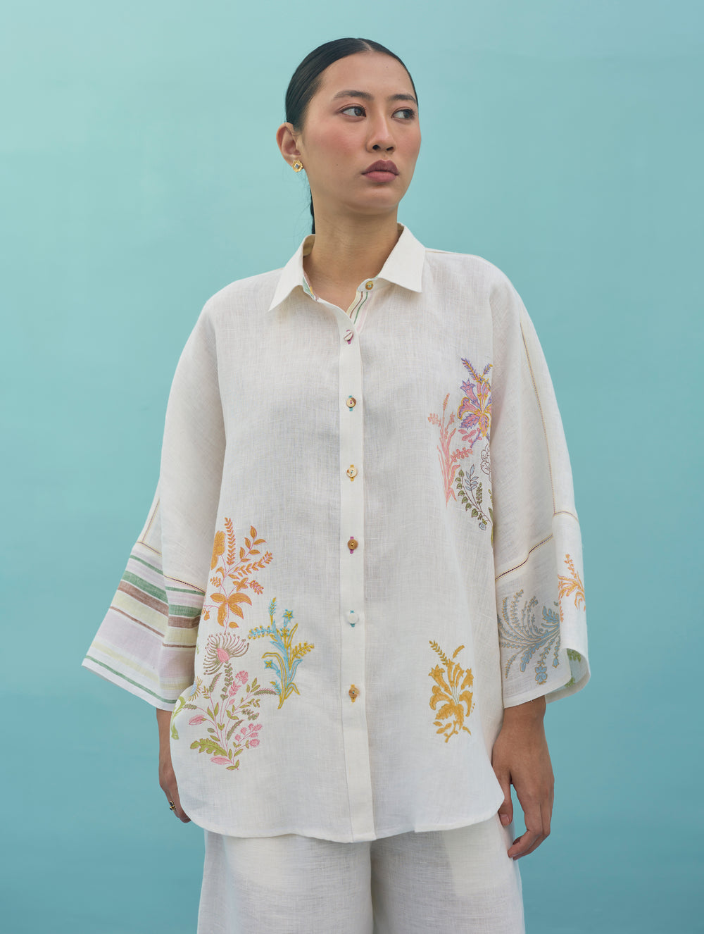 Iva Block Printed Floral Embroidered Shirt - Ivory