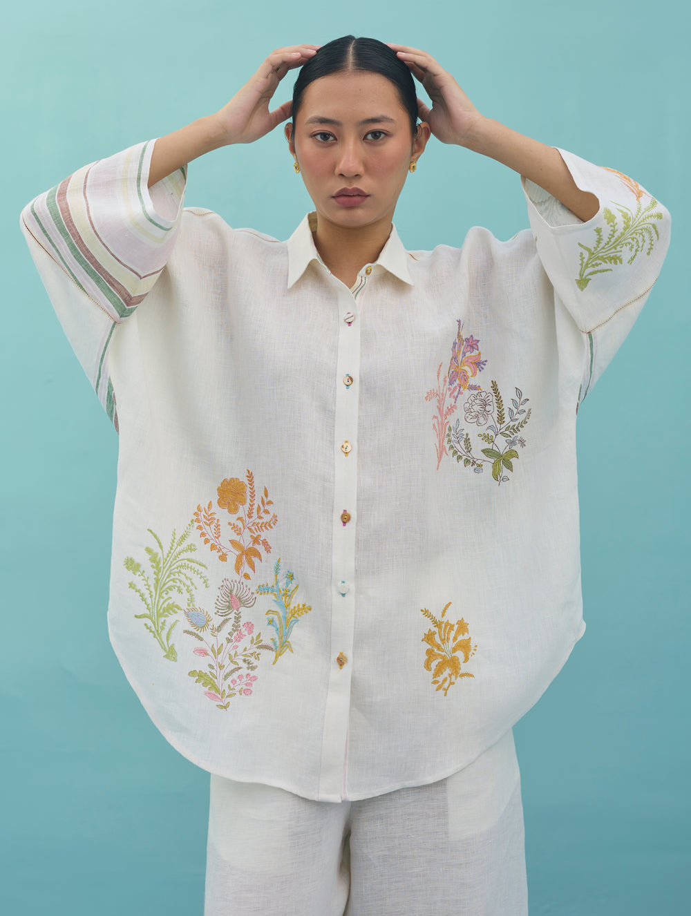 Iva Block Printed Floral Embroidered Shirt - Ivory