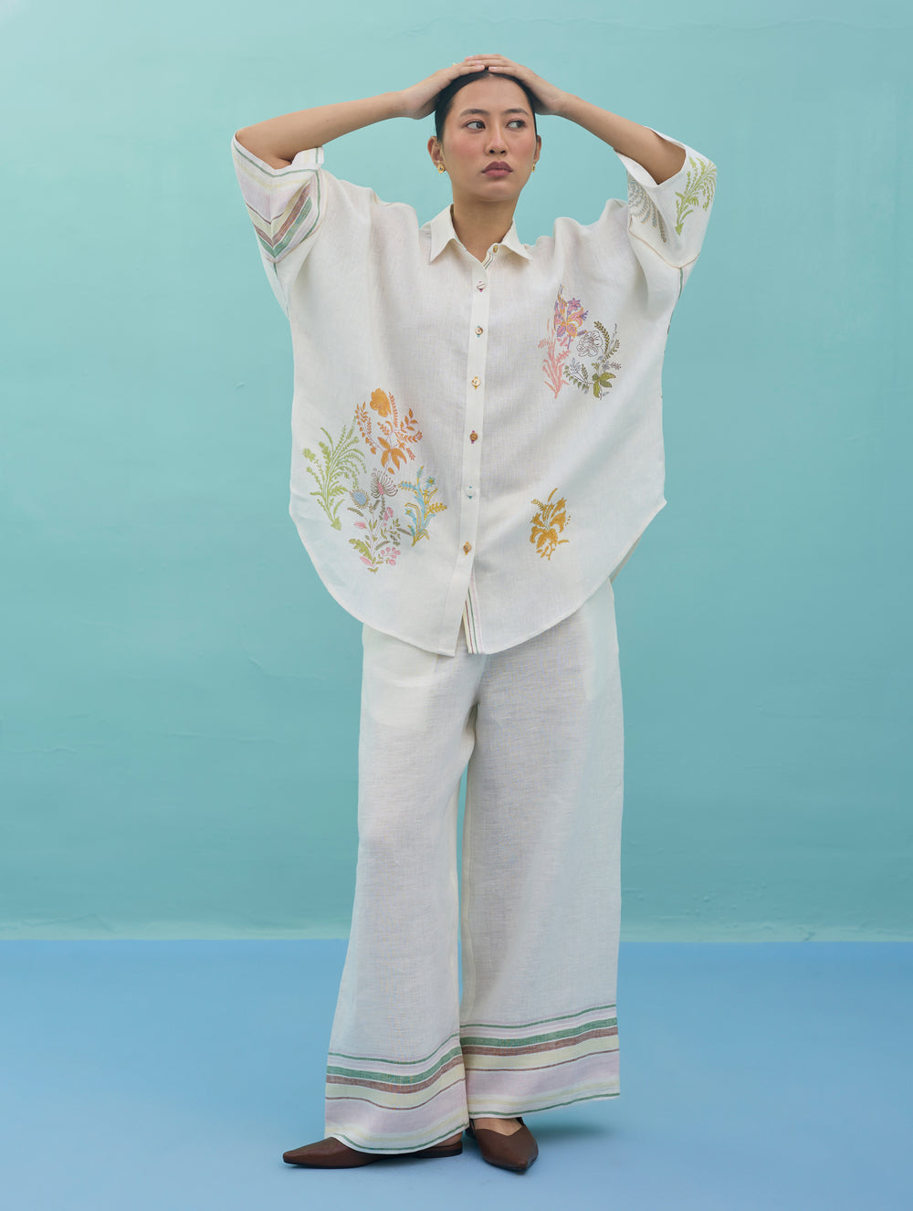 Iva Block Printed Floral Embroidered Shirt - Ivory