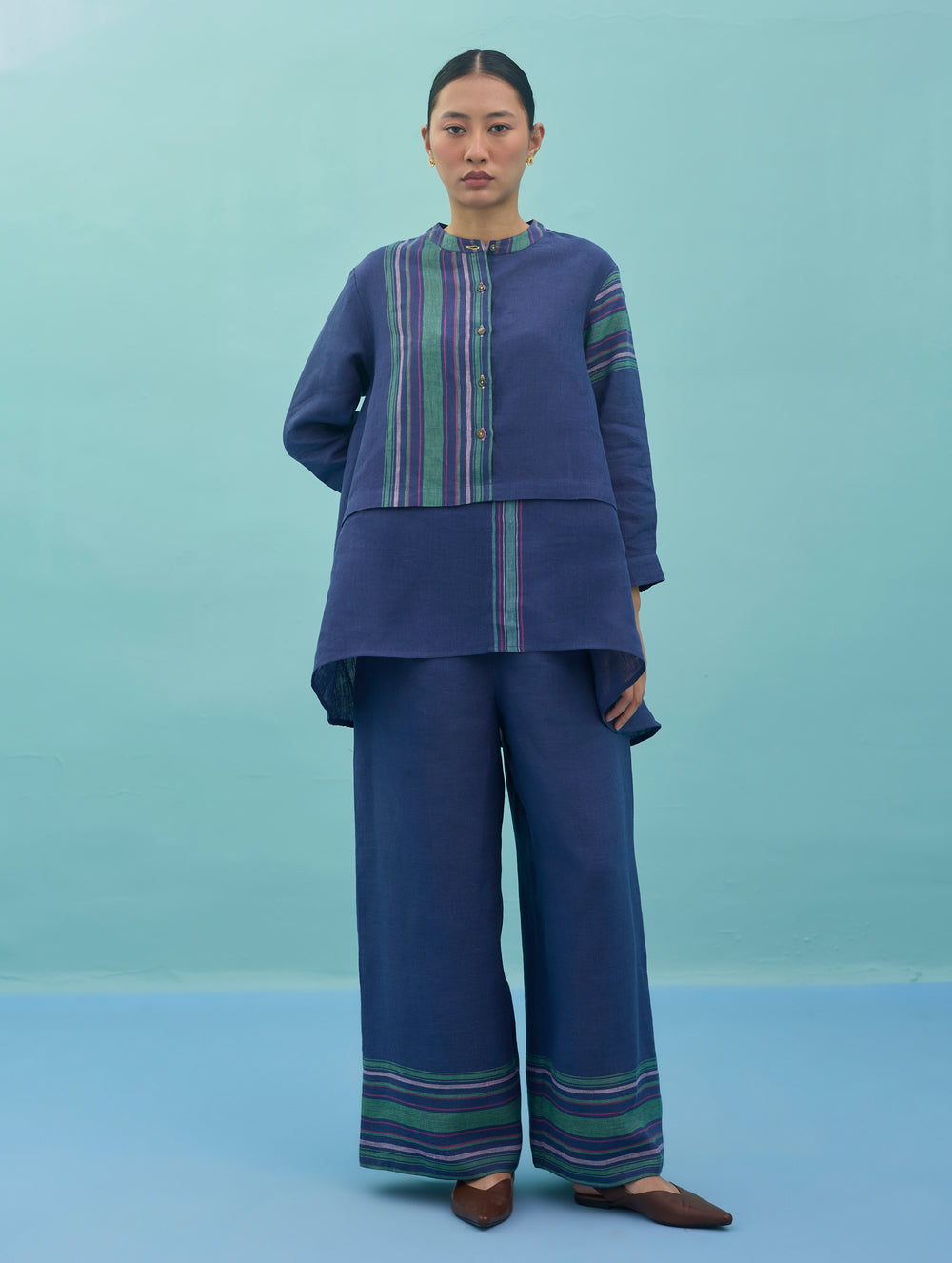 Amaya Border Linen Top - Indigo