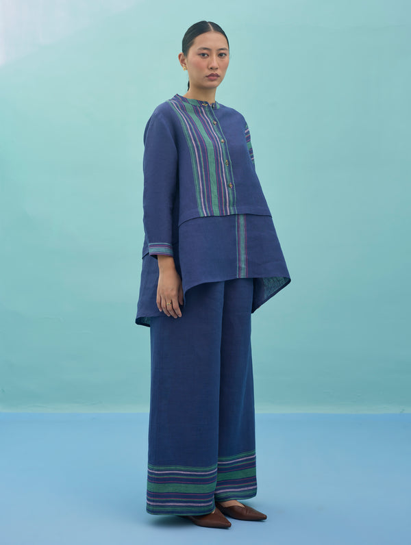 Amaya Border Linen Co-ord Set - Indigo