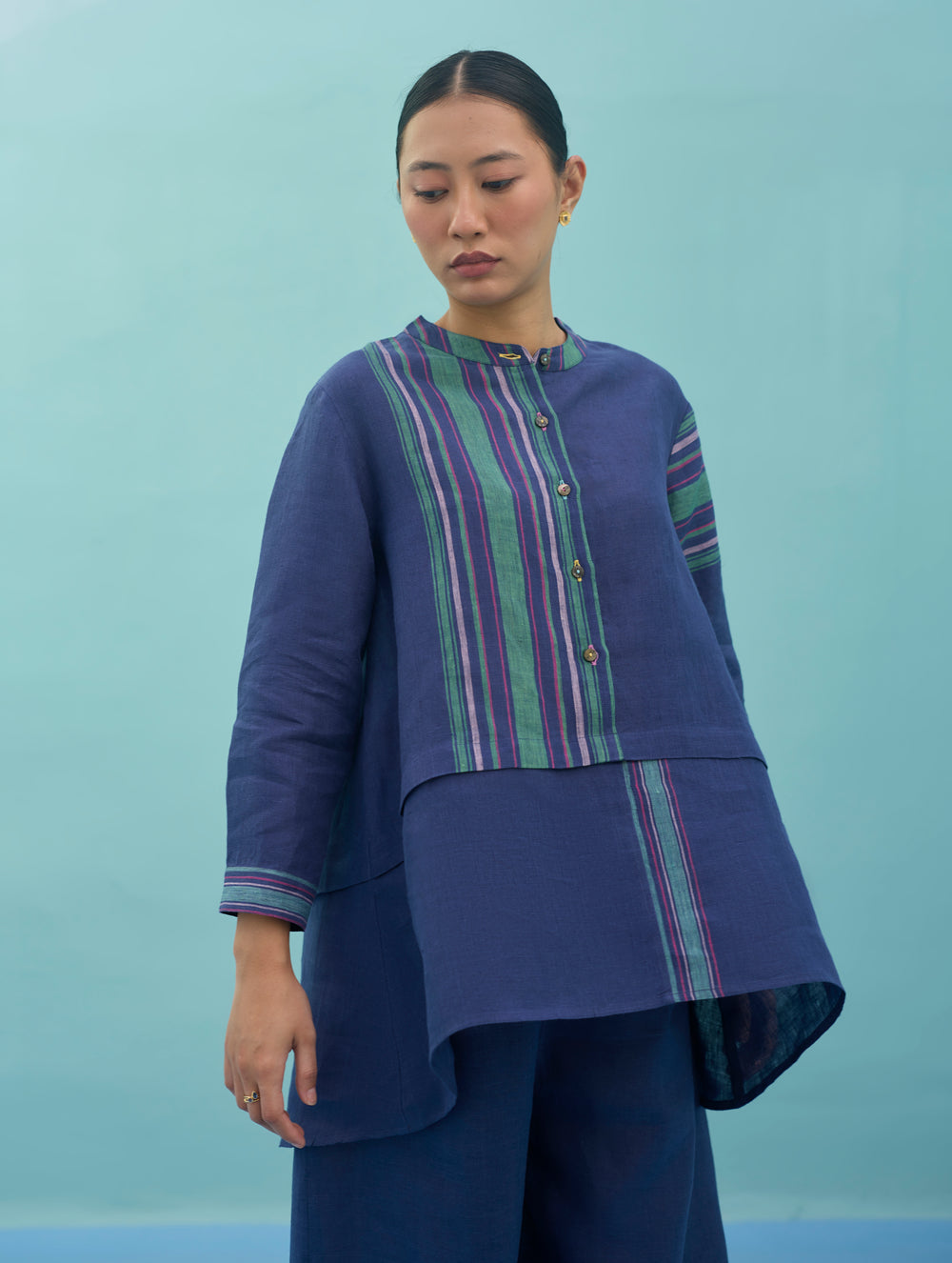Amaya Border Linen Top - Indigo