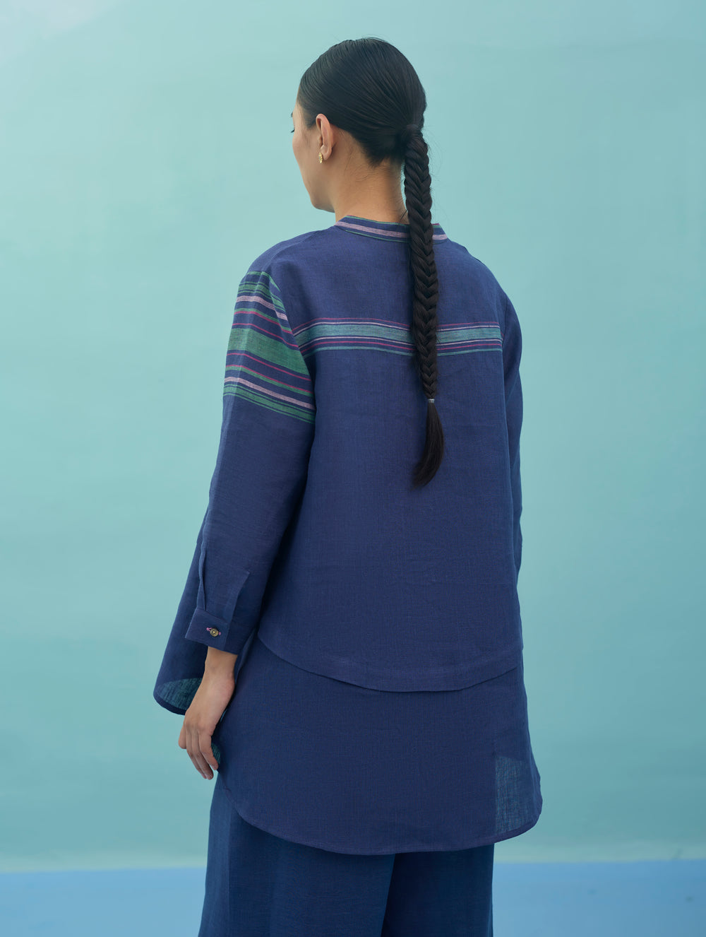 Amaya Border Linen Top - Indigo