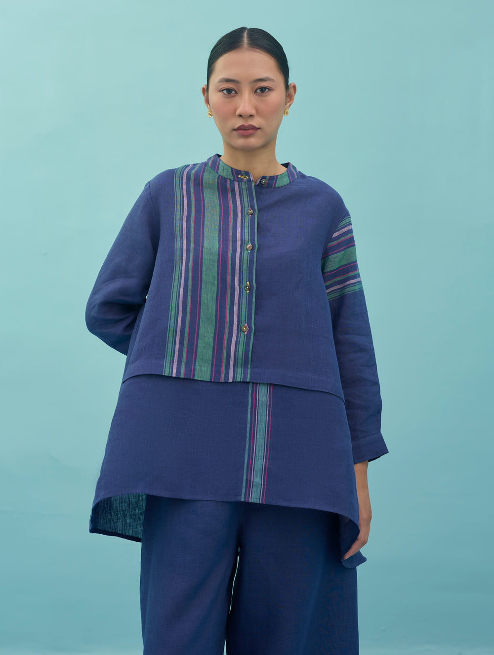 Amaya Border Linen Top - Indigo