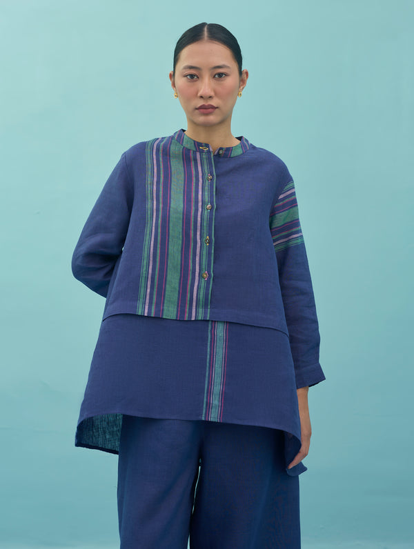 Amaya Border Linen Top - Indigo
