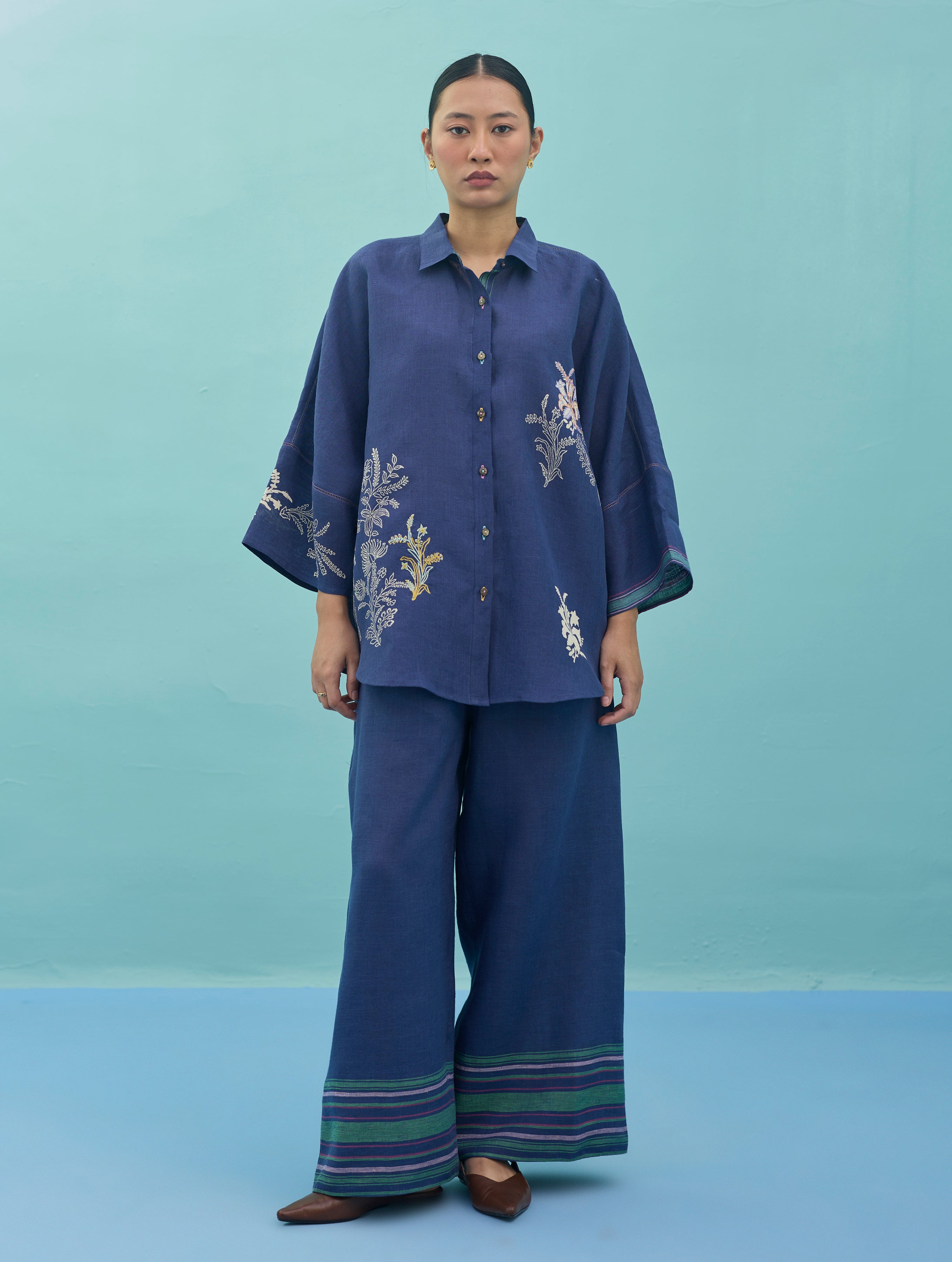 Iva Block Printed Embroidered Co-ord Set - Indigo