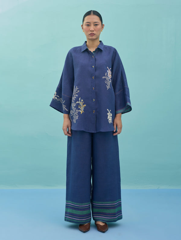 Iva Block Printed Embroidered Co-ord Set - Indigo
