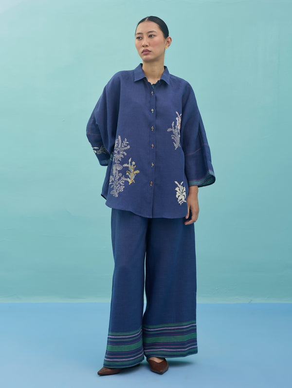 Iva Block Printed Embroidered Co-ord Set - Indigo