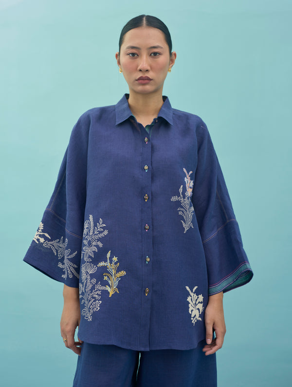 Iva Block Printed Embroidered Co-ord Set - Indigo