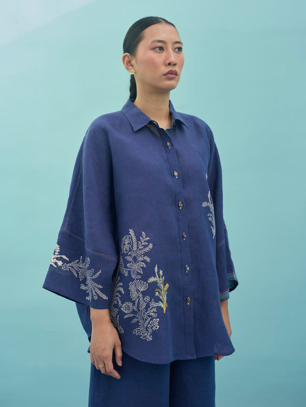 Iva Block Printed Embroidered Co-ord Set - Indigo