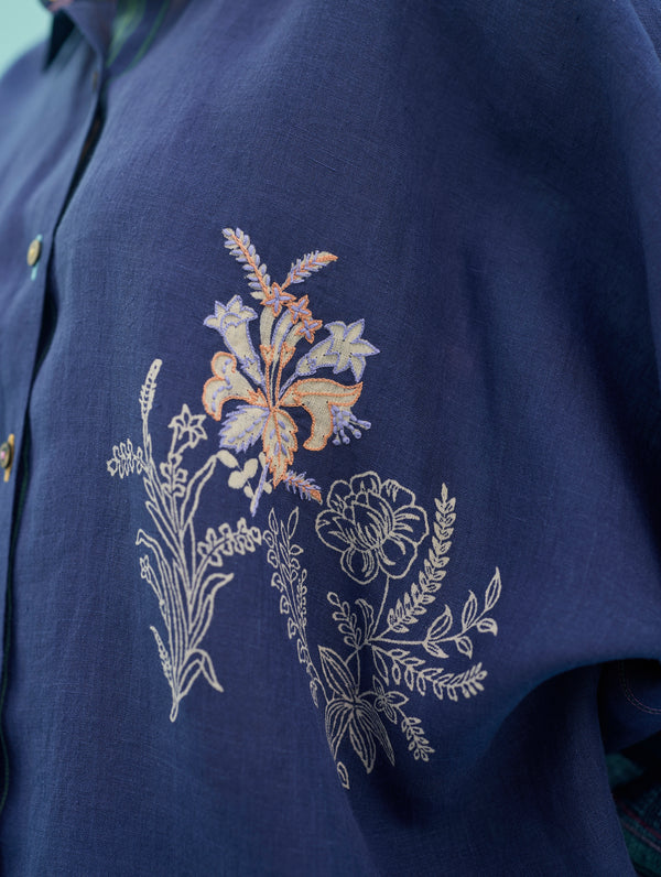 Iva Block Printed Floral Embroidered Shirt - Indigo