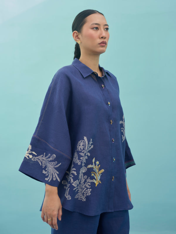 Iva Block Printed Embroidered Co-ord Set - Indigo