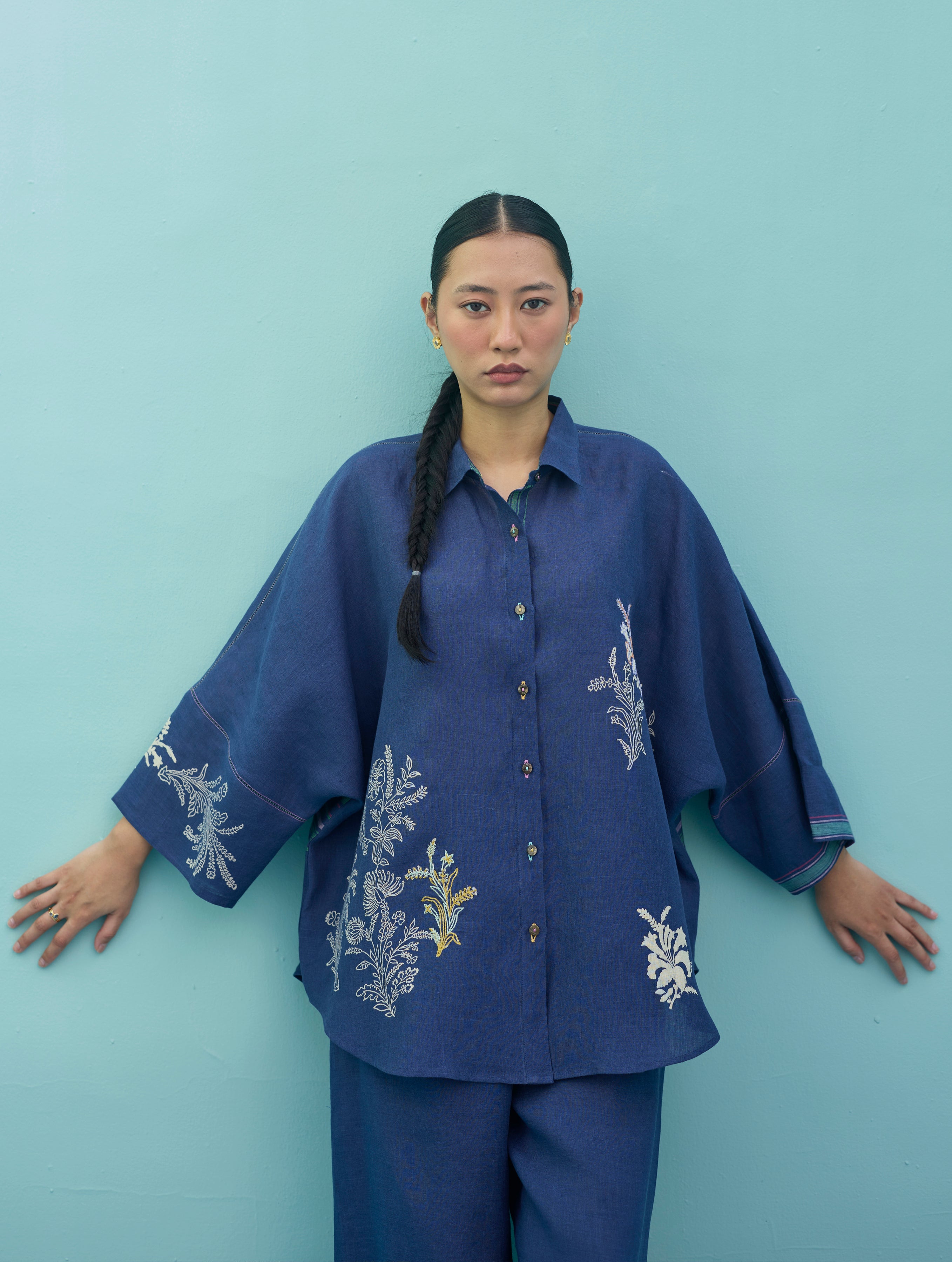 Iva Block Printed Embroidered Co-ord Set - Indigo