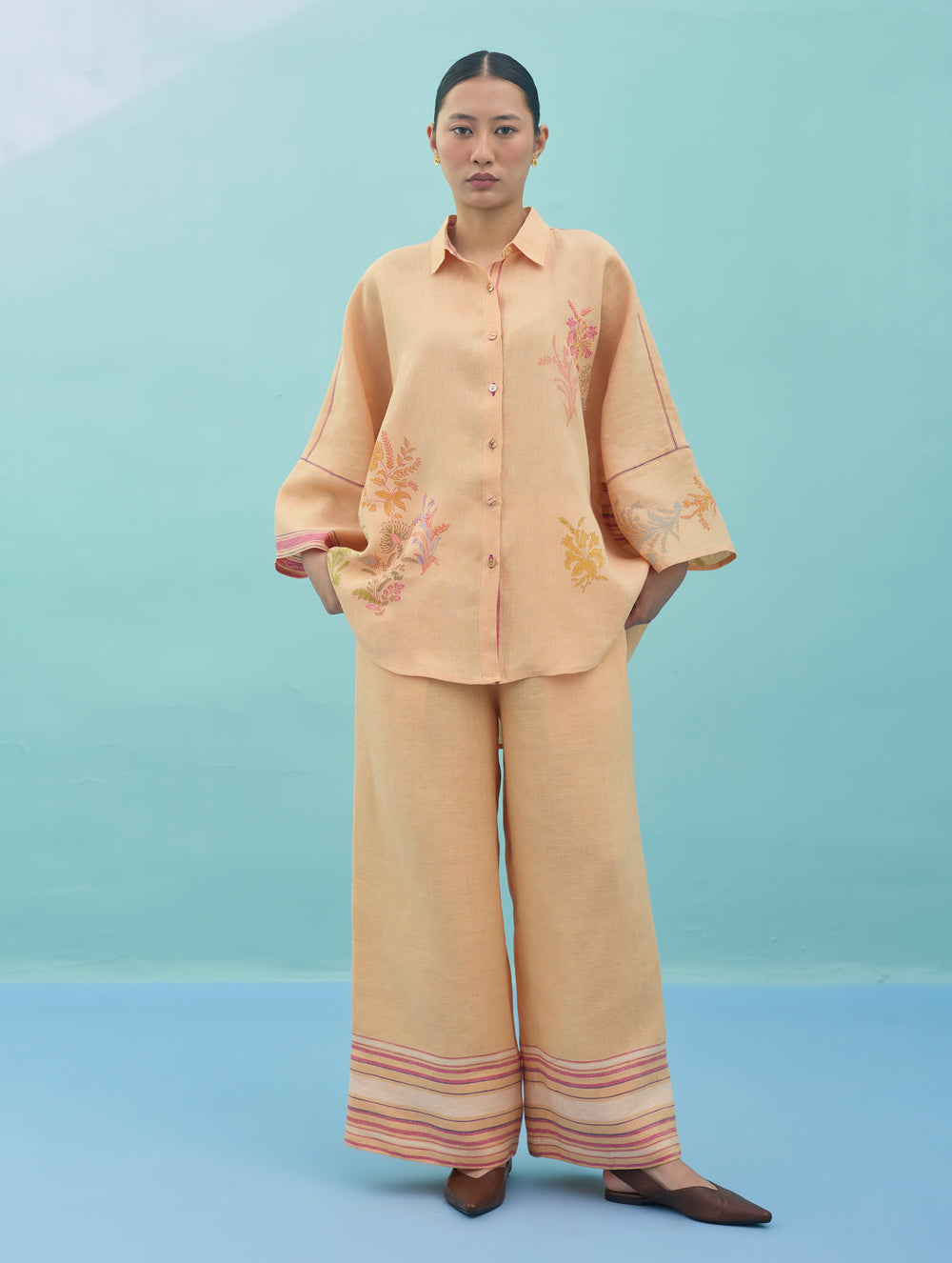 Iva Block Printed Floral Embroidered Shirt - Apricot