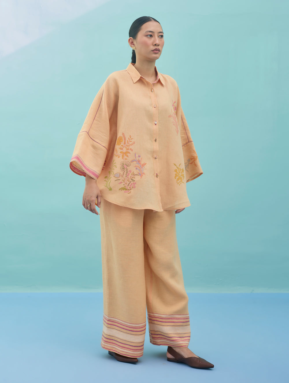 Iva Block Printed Floral Embroidered Shirt - Apricot