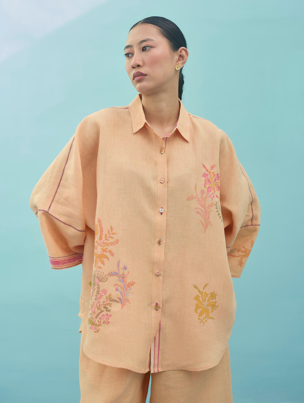 Iva Block Printed Floral Embroidered Shirt - Apricot