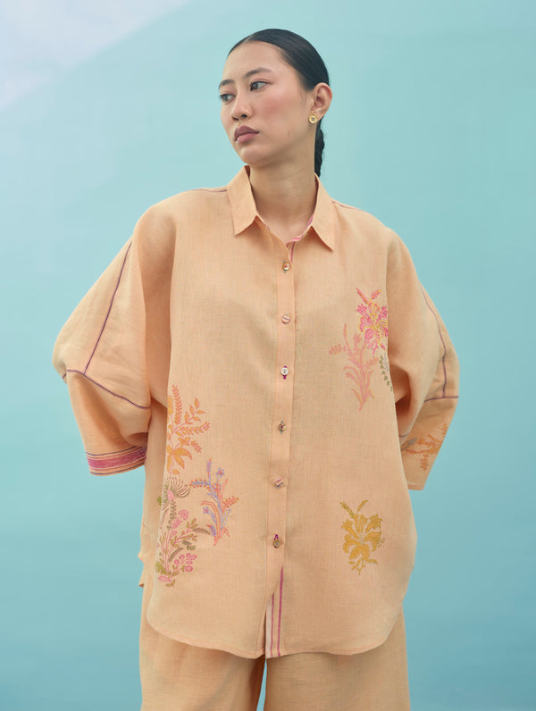 Iva Block Printed Floral Embroidered Shirt - Apricot