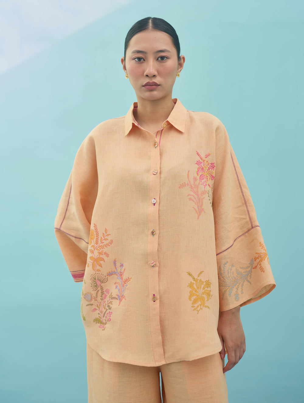 Iva Block Printed Floral Embroidered Shirt - Apricot